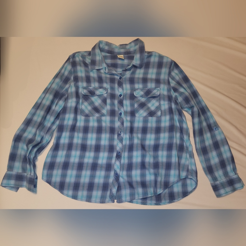 Faded Glory Blue Plaid Button Up Shirt Size Xl (16-18)